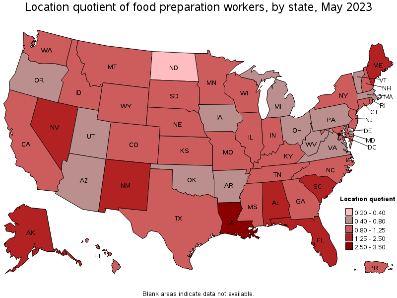 Map of location quotient of food preparation workers by state, May 2021