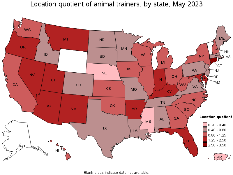 Map of location quotient of animal trainers by state, May 2021
