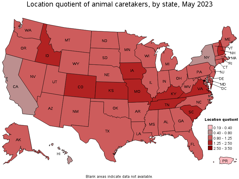 Map of location quotient of animal caretakers by state, May 2022