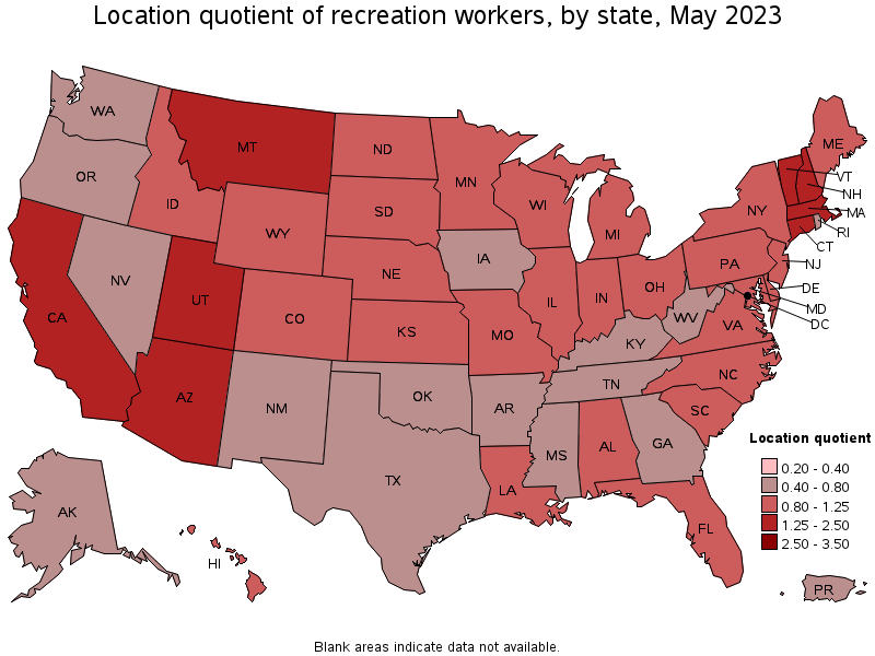 Map of location quotient of recreation workers by state, May 2021