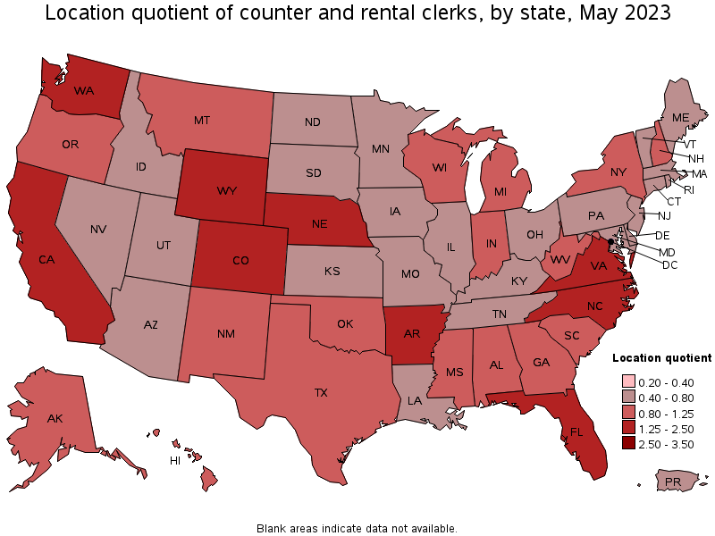 Map of location quotient of counter and rental clerks by state, May 2022