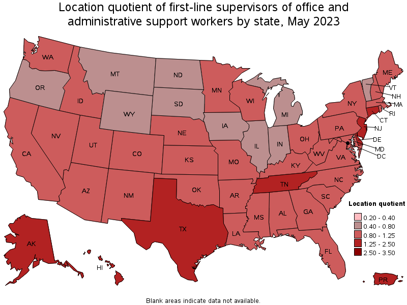 Map of location quotient of first-line supervisors of office and administrative support workers by state, May 2021