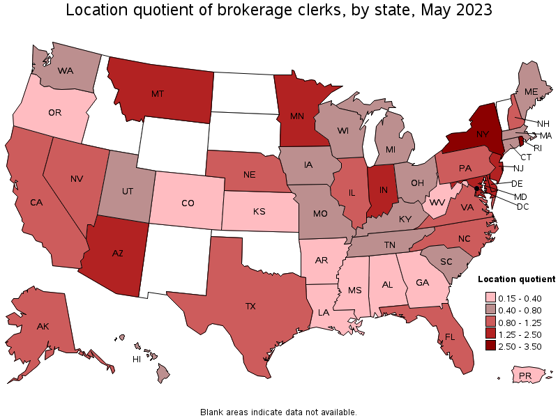 Map of location quotient of brokerage clerks by state, May 2022