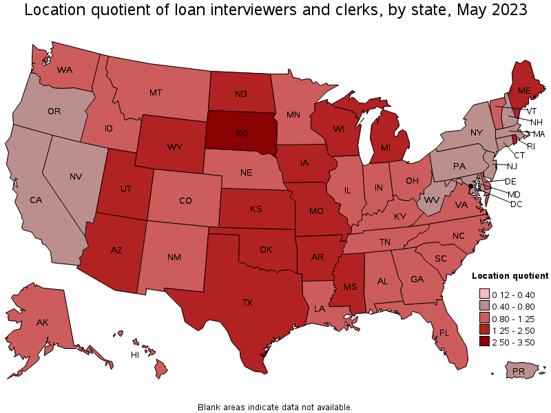 Map of location quotient of loan interviewers and clerks by state, May 2021