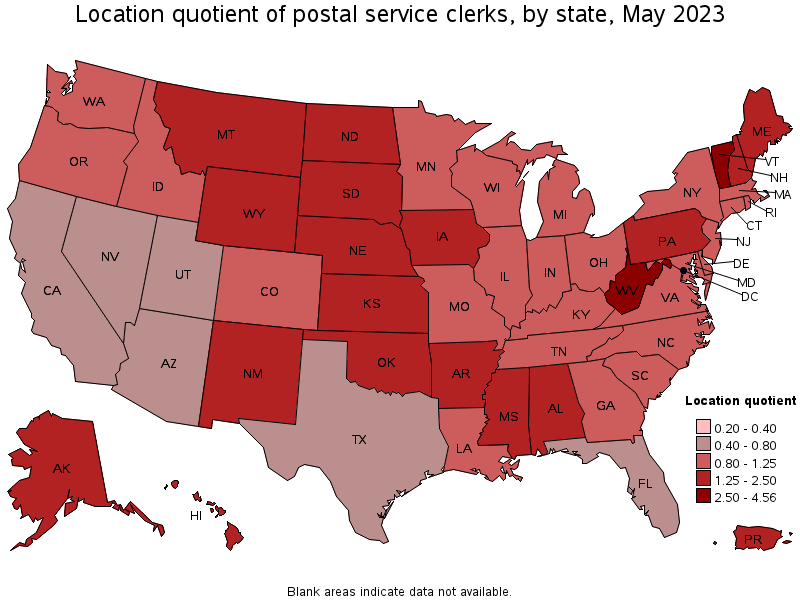 Map of location quotient of postal service clerks by state, May 2022