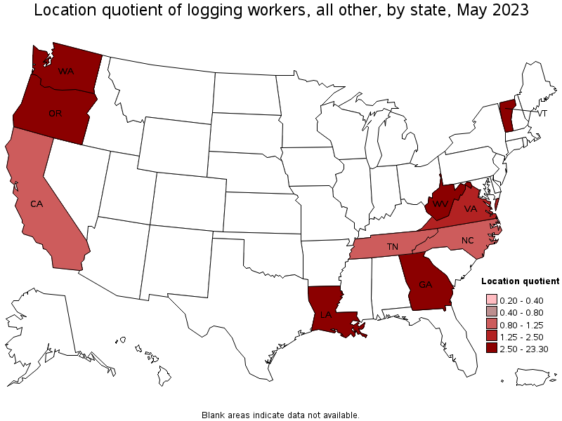 Map of location quotient of logging workers, all other by state, May 2021