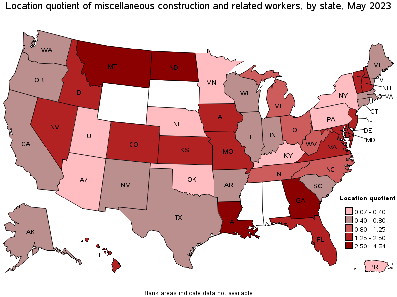 Map of location quotient of miscellaneous construction and related workers by state, May 2021