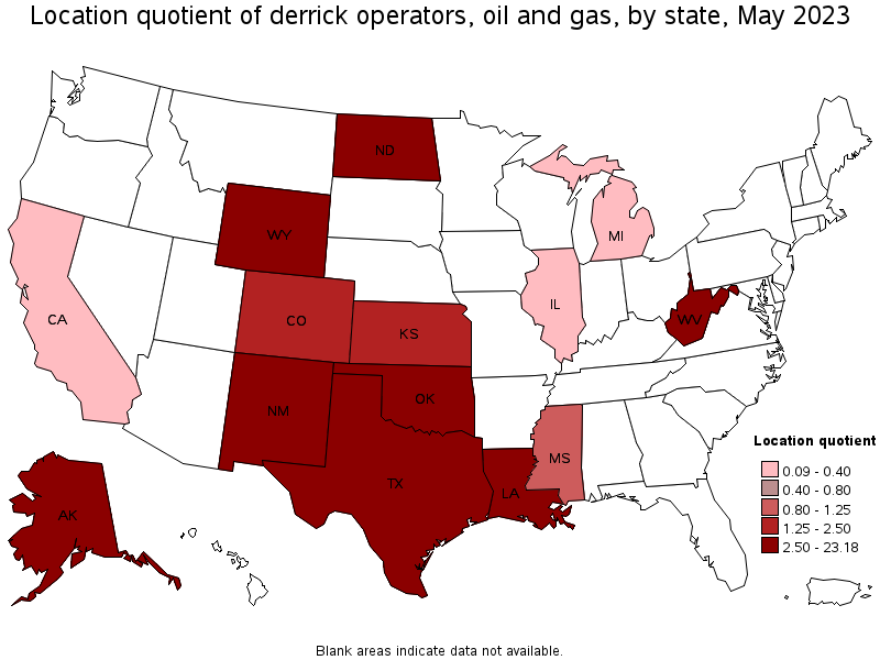 Map of location quotient of derrick operators, oil and gas by state, May 2022