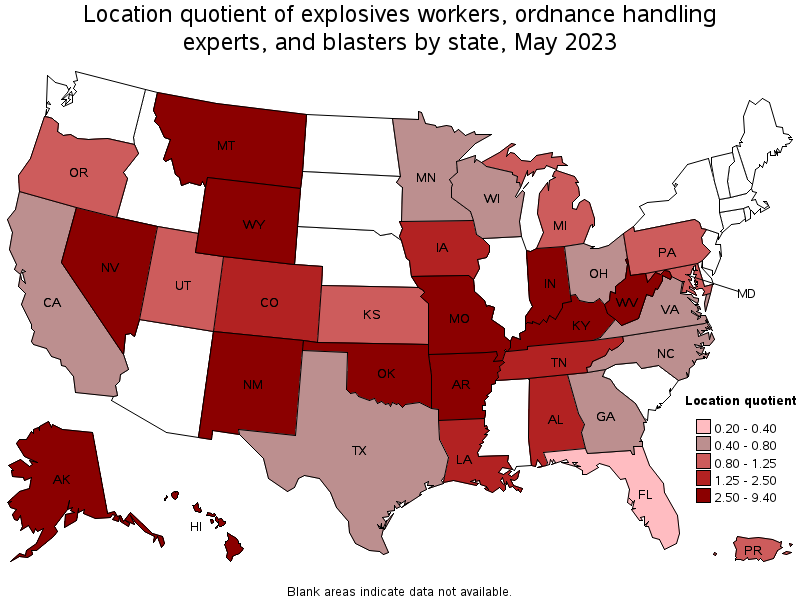 Map of location quotient of explosives workers, ordnance handling experts, and blasters by state, May 2021