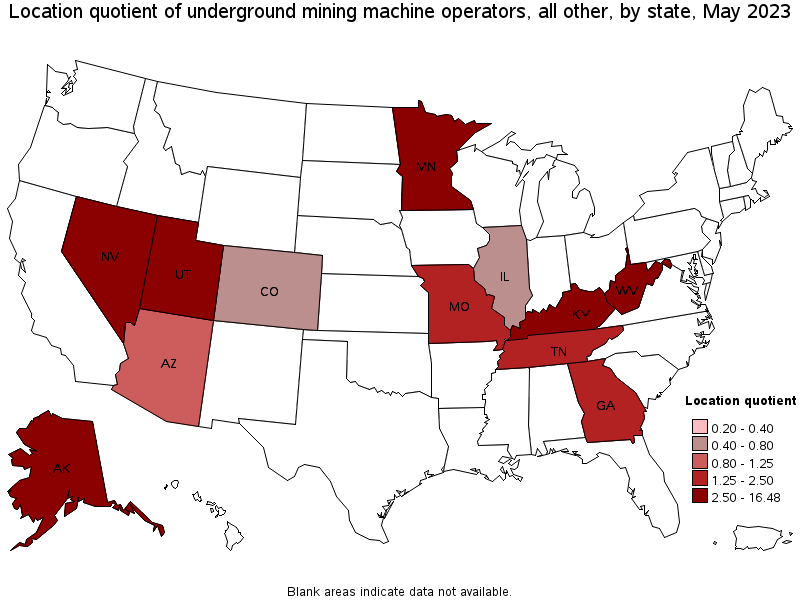 Map of location quotient of underground mining machine operators, all other by state, May 2021