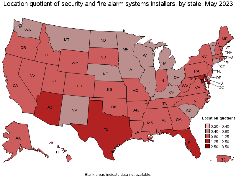 Map of location quotient of security and fire alarm systems installers by state, May 2021
