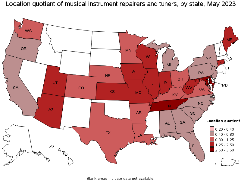 Map of location quotient of musical instrument repairers and tuners by state, May 2022