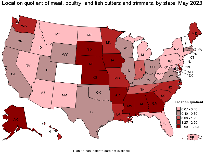 Map of location quotient of meat, poultry, and fish cutters and trimmers by state, May 2021