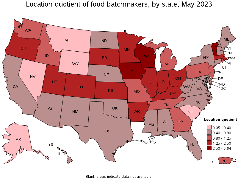 Map of location quotient of food batchmakers by state, May 2022