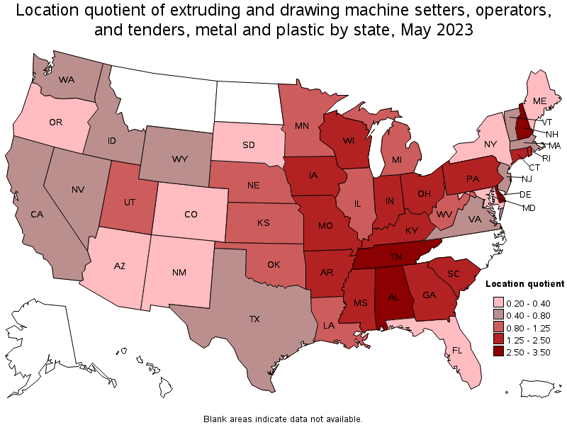 Map of location quotient of extruding and drawing machine setters, operators, and tenders, metal and plastic by state, May 2021