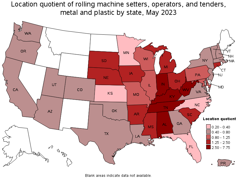 Map of location quotient of rolling machine setters, operators, and tenders, metal and plastic by state, May 2021