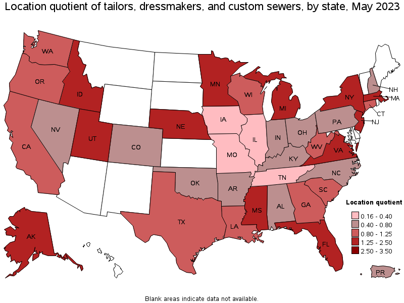Map of location quotient of tailors, dressmakers, and custom sewers by state, May 2022