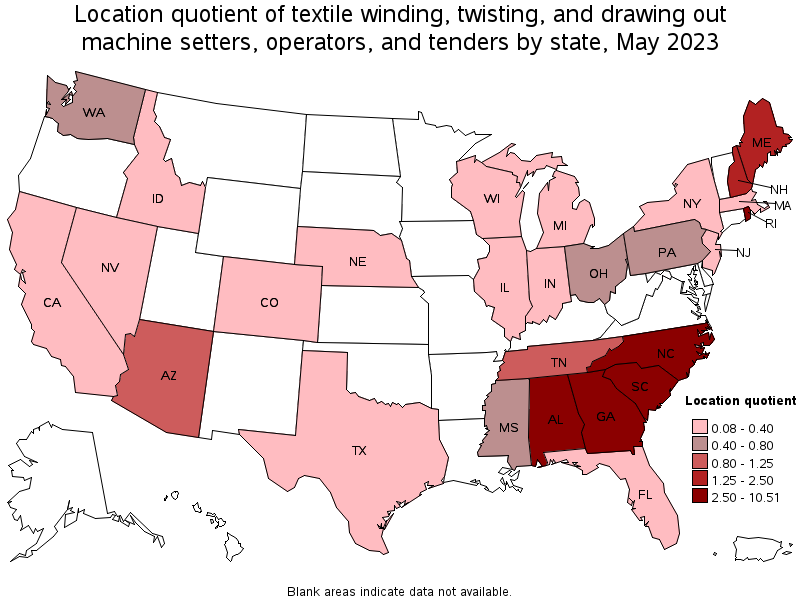 Map of location quotient of textile winding, twisting, and drawing out machine setters, operators, and tenders by state, May 2021