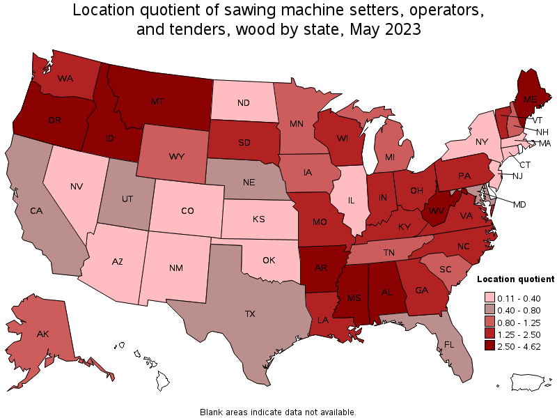 Map of location quotient of sawing machine setters, operators, and tenders, wood by state, May 2022