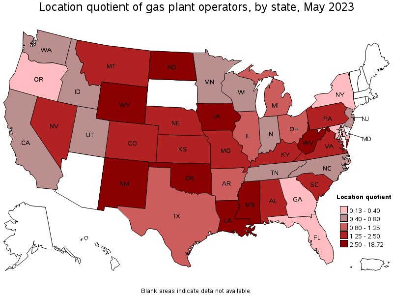 Map of location quotient of gas plant operators by state, May 2022