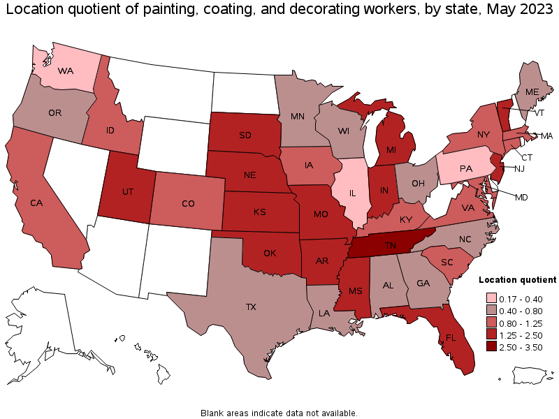 Map of location quotient of painting, coating, and decorating workers by state, May 2022