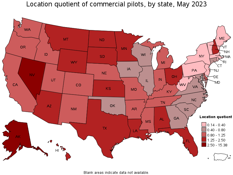 Map of location quotient of commercial pilots by state, May 2022