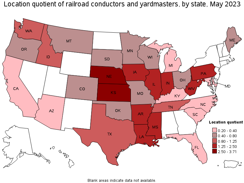 Map of location quotient of railroad conductors and yardmasters by state, May 2022