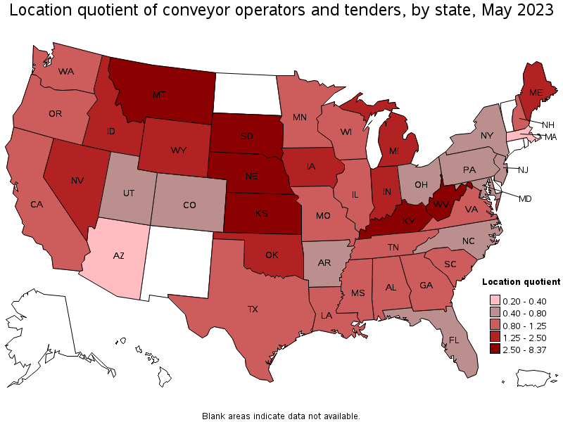 Map of location quotient of conveyor operators and tenders by state, May 2021