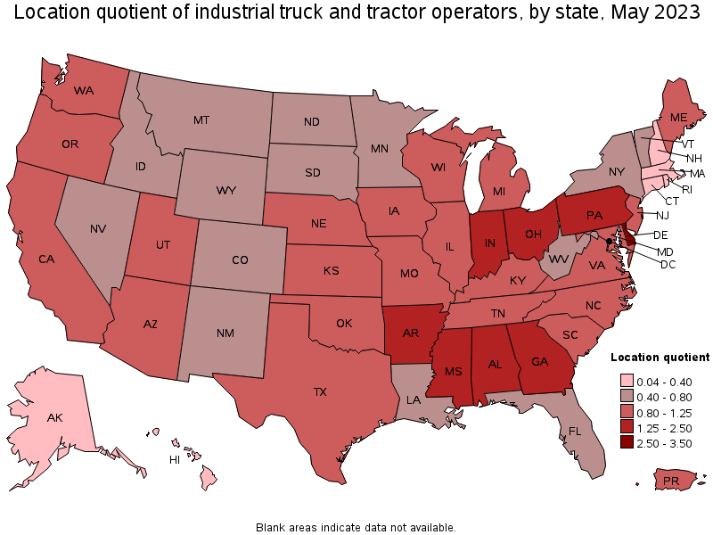 Map of location quotient of industrial truck and tractor operators by state, May 2021