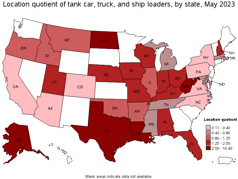 Map of location quotient of tank car, truck, and ship loaders by state, May 2022