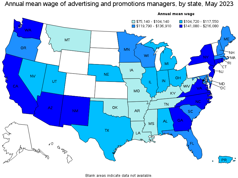 Map of annual mean wages of advertising and promotions managers by state, May 2021