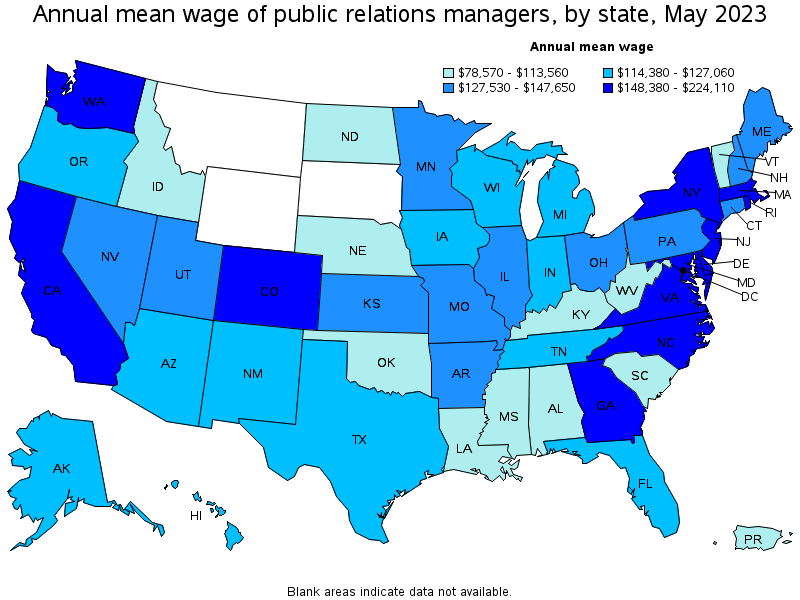 Map of annual mean wages of public relations managers by state, May 2021