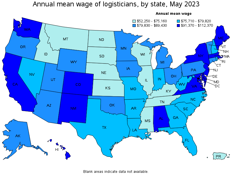 Map of annual mean wages of logisticians by state, May 2022