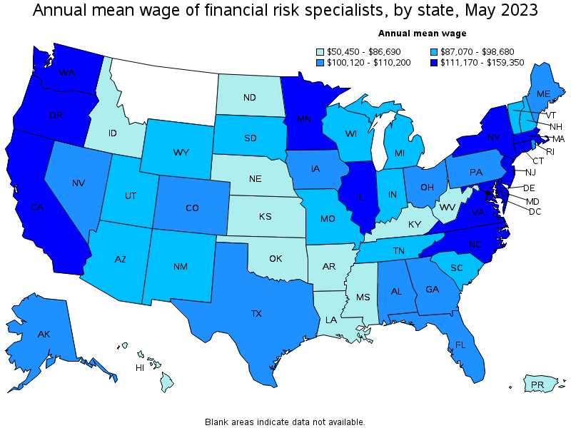 Map of annual mean wages of financial risk specialists by state, May 2021