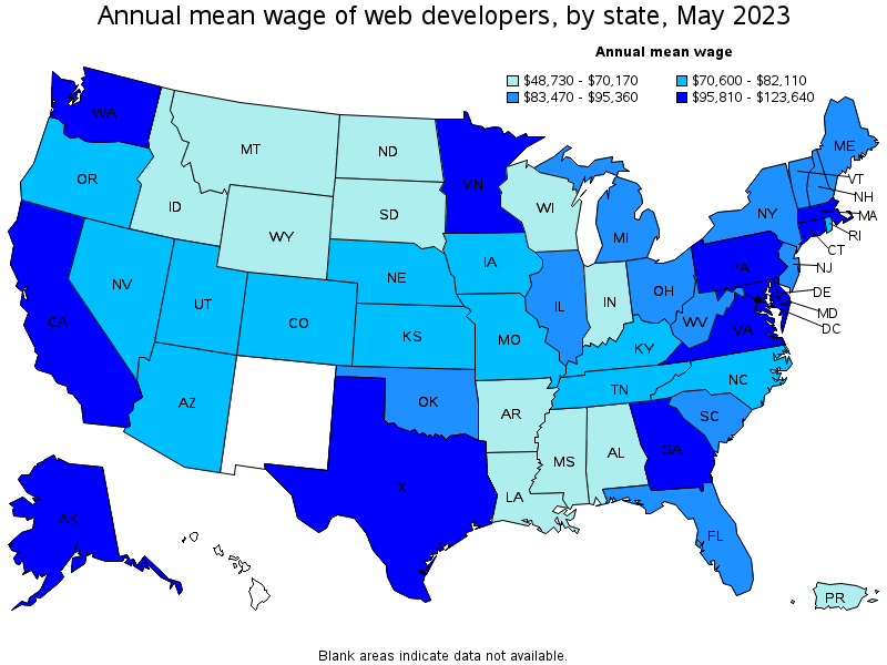 Map of annual mean wages of web developers by state, May 2021