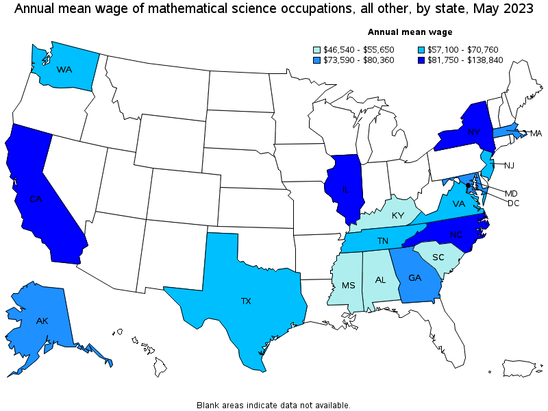 Map of annual mean wages of mathematical science occupations, all other by state, May 2022