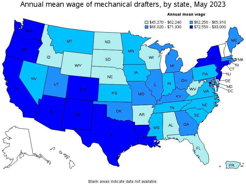 Map of annual mean wages of mechanical drafters by state, May 2021