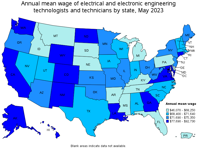 Map of annual mean wages of electrical and electronic engineering technologists and technicians by state, May 2021