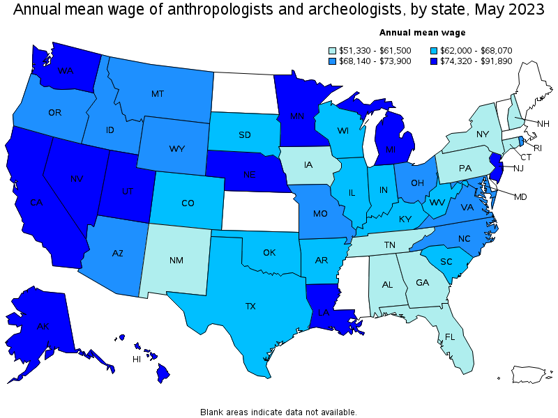 Map of annual mean wages of anthropologists and archeologists by state, May 2021