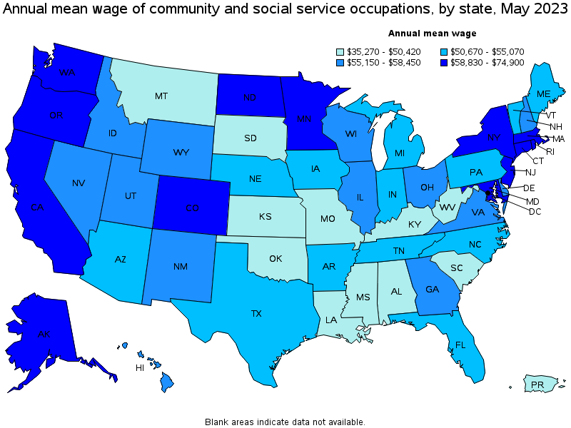 Map of annual mean wages of community and social service occupations by state, May 2021
