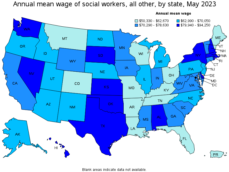 Map of annual mean wages of social workers, all other by state, May 2021