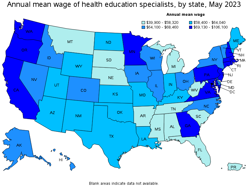 Map of annual mean wages of health education specialists by state, May 2021