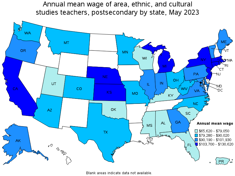 Map of annual mean wages of area, ethnic, and cultural studies teachers, postsecondary by state, May 2022
