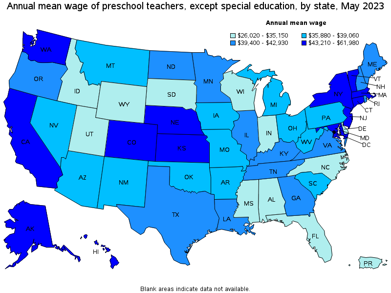 Map of annual mean wages of preschool teachers, except special education by state, May 2021