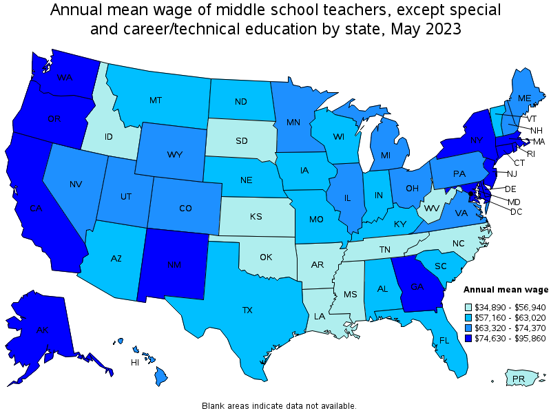 Map of annual mean wages of middle school teachers, except special and career/technical education by state, May 2021