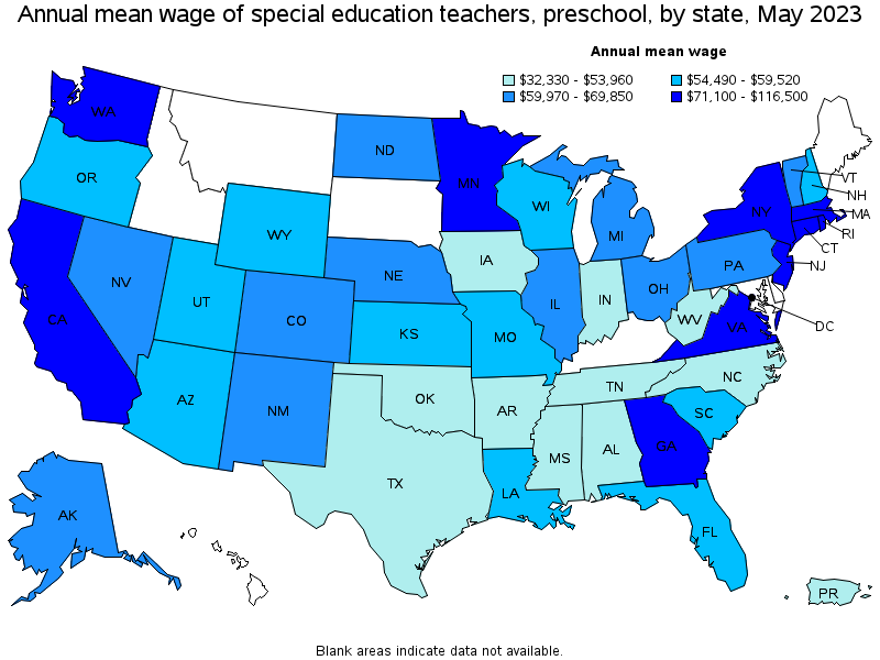 Map of annual mean wages of special education teachers, preschool by state, May 2022