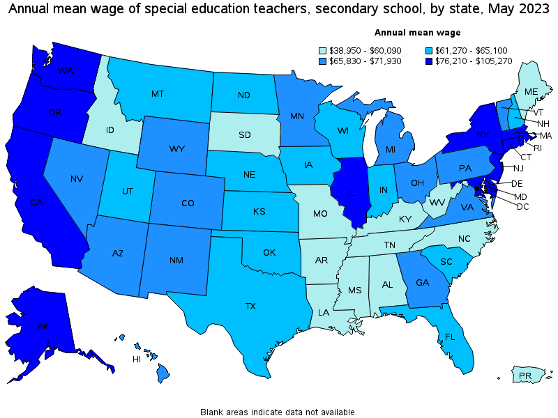 Map of annual mean wages of special education teachers, secondary school by state, May 2021