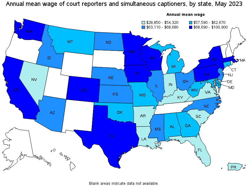 Map of annual mean wages of court reporters and simultaneous captioners by state, May 2022