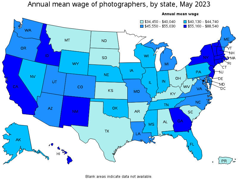 Map of annual mean wages of photographers by state, May 2021