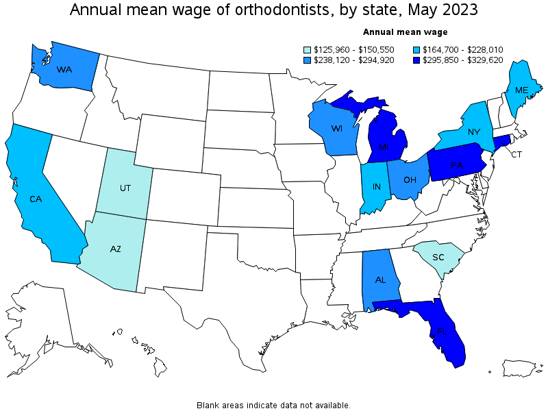 Map of annual mean wages of orthodontists by state, May 2021